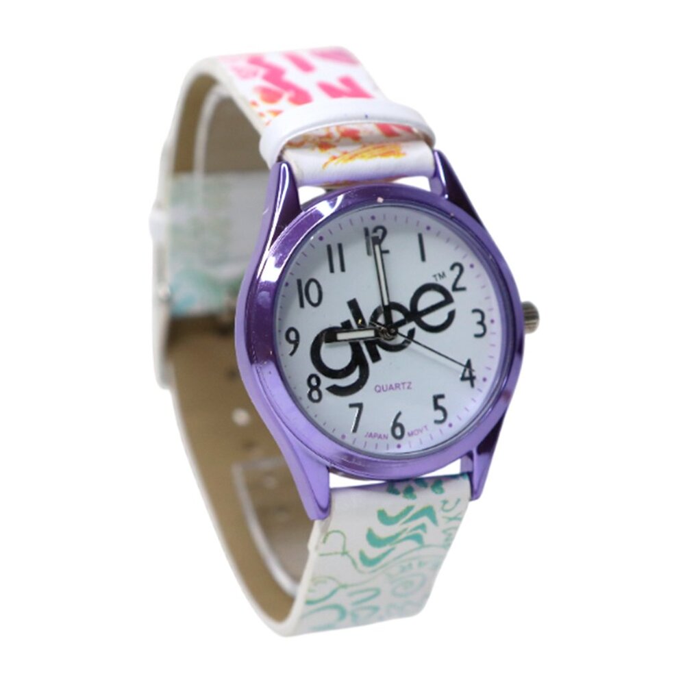 Glee TV Show Wristwatch Quartz Analog Watch w/ Vegan Leather Band White Purple
